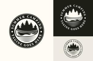 Canoe Row Boat Kayak Logo with Trees and river Vintage Retro Emblem design. vector