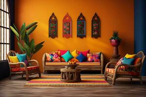 Beautiful ethno-style living room, retro-old living room, different conceptual style, different kind of living room object, interior style photo