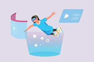 Happy people playing virtual game. Virtual game  concept. Colored flat vector illustration isolated.