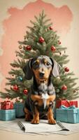 perro tejonero en el antecedentes de un Navidad árbol gráfico para Navidad foto