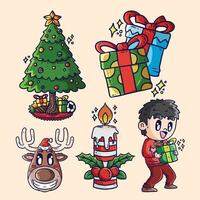 Sets of Christmas Cute Vector Cartoon Illustration for Christmas Greeting card. Christmas Vector Illustration sets