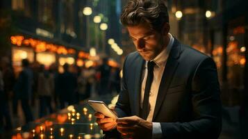 AI-Generated Male businessman in a suit holds a smartphone in his hands photo