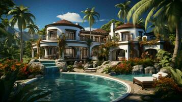 AI-Generated Large white holiday villa, relaxing holiday home surrounded by palm trees in a tropical warm country resort photo