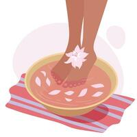 Foot spa treatments. Women's feet in bowl with flowers and leaves. Beauty salon. Foot bath. Vector illustration with spa procedures. Pedicure top view. Female legs during thai massage