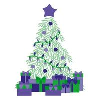 decorado Navidad árbol con regalo cajas, estrella, luces, decoración pelotas y lámparas alegre Navidad y un contento nuevo año. plano estilo dibujos animados vector ilustración. fiesta plantilla, tarjeta postal