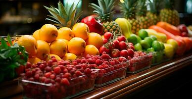 tienda de comestibles almacenar, supermercado, Fresco Fruta mercado, eco comida - ai generado imagen foto