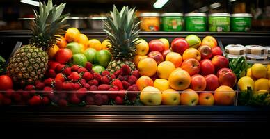 tienda de comestibles almacenar, supermercado, Fresco Fruta mercado, eco comida - ai generado imagen foto