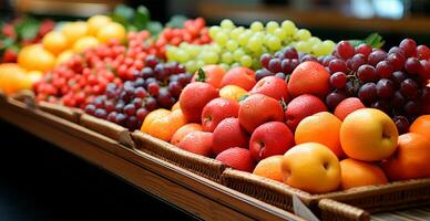 tienda de comestibles almacenar, supermercado, Fresco Fruta mercado, eco comida - ai generado imagen foto