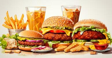 Large set of different fast food, junk food - AI generated image photo