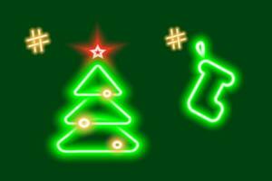 2 Neon glowing Christmas tree and gift sock with hashtags. Concept for icons, search, greetings. EPS vector