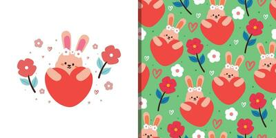 seamless pattern and card cartoon bunny and flower. cute animal card and pattern for gift wrap paper vector