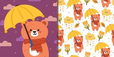 seamless pattern and card cartoon bear with umbrella, leaves and autumn vibes element. cute autumn wallpaper and card for holiday. design for fabric, flat design, gift wrap paper vector