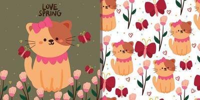 seamless pattern and card, hand drawing cartoon cat with flower and butterfly. cute animal card and pattern for gift wrap paper vector