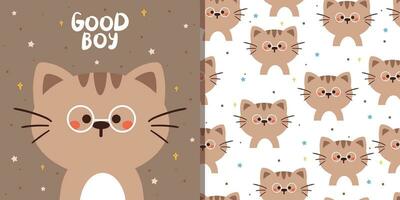 seamless pattern and card, hand drawing cartoon cat. cute animal card and pattern for gift wrap paper vector