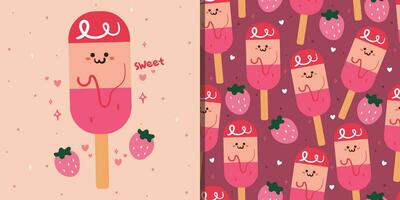 cute set of wallpaper and card. cute hand drawing cartoon popsicle ice cream. cute dessert wallpaper, food background and ice cream card for kids, card vector