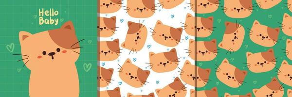 seamless pattern and card, hand drawing cartoon cat. cute animal card and pattern for gift wrap paper vector