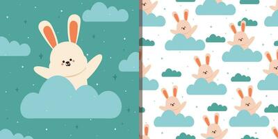 seamless pattern and card, hand drawing cartoon bunny on the clouds. cute animal card and pattern for gift wrap paper vector