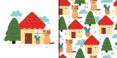 seamless pattern and card cartoon cat with cute little house and tree. cute animal card and pattern for gift wrap paper vector