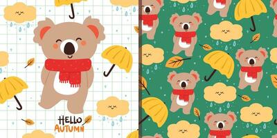 seamless pattern and card cartoon koala, leaves and autumn vibes element. cute autumn wallpaper and card for holiday. design for fabric, flat design, gift wrap paper vector