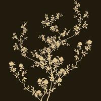 un hermosamente detallado dibujo de un rama con vibrante flores en contra un sorprendentes negro antecedentes vector