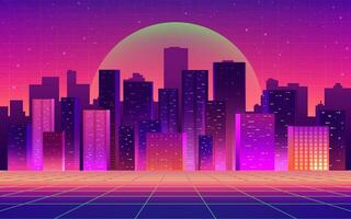 Futuristic night city with technological light grid background. Digital futurist cyber downtown space design, cyberpunk technology, Town virtual reality, science fiction matrix, vector illustration