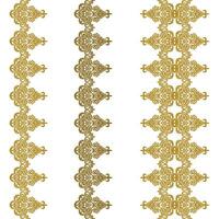 A close-up shot of golden lace detailing on a pristine white fabric background vector
