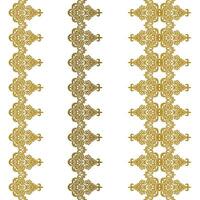 A close-up shot of golden lace detailing on a pristine white fabric background vector