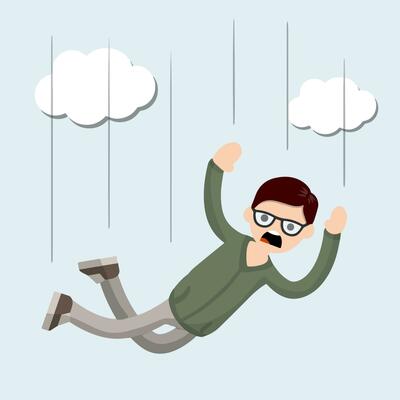Drop young guy. Cartoon flat illustration. Falling man. horror and fear of heights - phobia Acrophobia. Flight among clouds