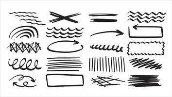 Set of doodle crosses, swirls, broken lines and arrow. Hand-drawn geometric shapes. Abstract sketch symbols. vector