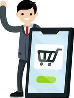 Shopping in online store. Cart on screen. Businessman and big mobile phone. Man in suit. Happy office worker. Cartoon flat illustration. vector