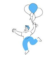 hombre volador con juguete globo. disfrutando vida. el concepto de infancia, alegría y felicidad. gracioso lineal masculino personaje. fiesta y celebracion vector