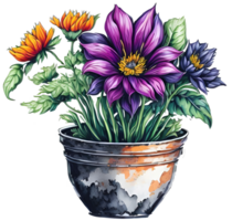 Watercolor flower in pot. AI Generative png