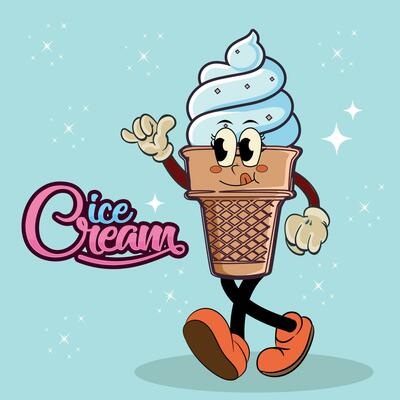 Groovy funny ice cream in retro cartoon style. Branding mascot for cafe. Vector cute illustrstion ice cream for poster, tshirt design or mascot logo