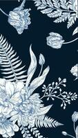 A beautiful blue and white floral pattern with intricate leaves and delicate flowers vector