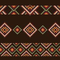 A colorful cross stitch pattern in red, yellow, and brown threads, repeated seamless border vector