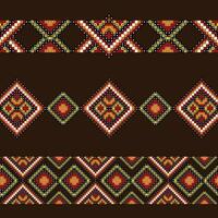 A colorful cross stitch pattern in red, yellow, and brown threads, repeated seamless border vector