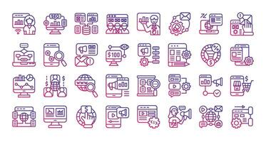 Online marketing gradient outline icons set. The collection includes business and development, programming, web design, app design, and more vector