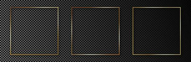 Set of three gold glowing square frames isolated on dark background. Shiny frame with glowing effects. Vector illustration.