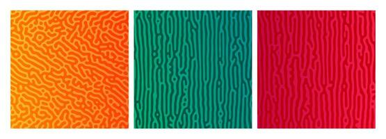 Set of three colorful turing reaction gradient backgrounds. Abstract diffusion pattern with chaotic shapes. Vector illustration.