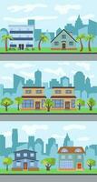 Set of three vector illustrations of city street with cartoon houses and trees. Summer urban landscape. Street view with cityscape on a background