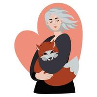 A girl with a fox in her hands on a white background with a heart. A girl with an animal, caring for her neighbor. Animals in the hands of a blonde. Portrait of a cartoon girl vector