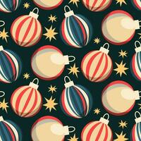 Christmas seamless pattern with round Christmas tree toys and confetti of stars. A bright round figure of blue, red and yellow striped colors on a blue background. Vector flat illustration