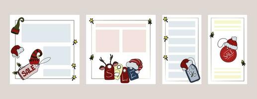 conjunto de Navidad ventas plantillas para bandera publicaciones, cuentos, invitaciones, saludo tarjetas con Copiar espacio. linda varios precio etiquetas con Papa Noel sombreros, duende sombreros, juguete reno cuernos, Navidad árbol venda. vector