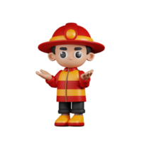 3d Character Firefighter Confused Pose. 3d render isolated on transparent backdrop. png