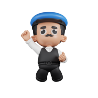 3d personnage chauffeur sauter dans le air pose. 3d rendre isolé sur transparent toile de fond. png