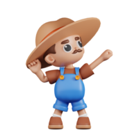 3d personagem agricultor olhando vitorioso pose. 3d render isolado em transparente pano de fundo. png