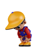 3d Character Mechanic Taking A Break Pose. 3d render isolated on transparent backdrop. png