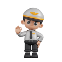 3d Character Pilot Giving Ok Sign Pose. 3d render isolated on transparent backdrop. png