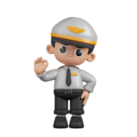 3d personagem piloto dando Está bem placa pose. 3d render isolado em transparente pano de fundo. png