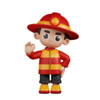 3d personagem bombeiro dando Está bem placa pose. 3d render isolado em transparente pano de fundo. png